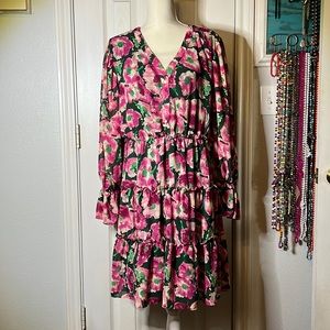 Beautiful dark green with pink floral tiered dress with ruffle sleeves.